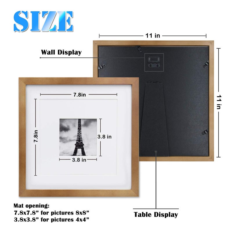 Egofine 11x11 Picture Frames 4 Pack Covered by Plexiglass, Display Pictures 8x8 with Mat or 11x11 Without Mat Made of Solid Wood for Table Top Display and Wall Mounting Photo Frame, Light Brown - Image 3